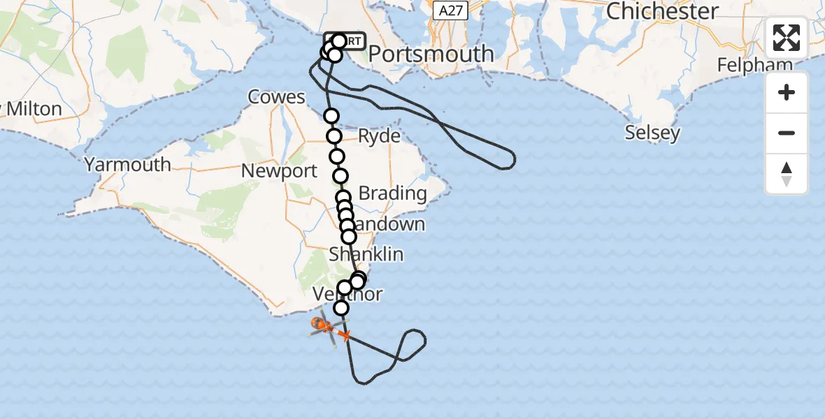 Flight route Coastguard Helicopter Solent Airport - English Channel, 10 June 2026, 19:51