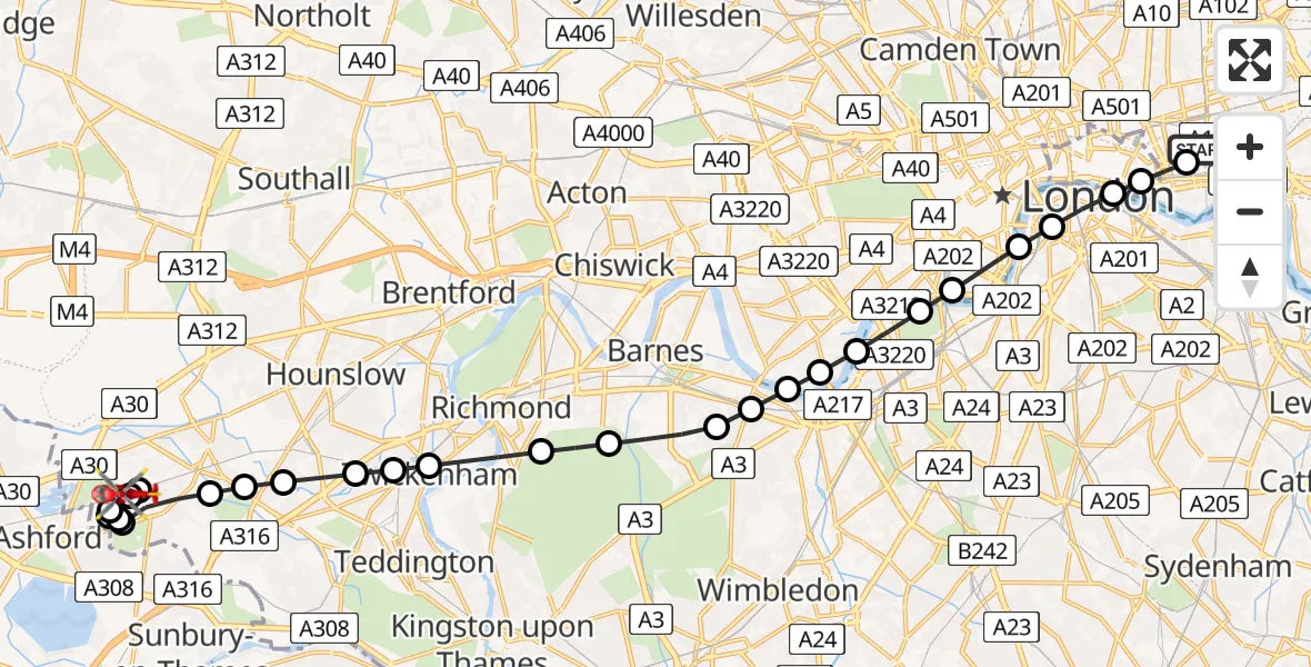 Flight route Air Ambulance Helicopter Royal London Hospital - Bedfont, 10 June 2026, 20:00