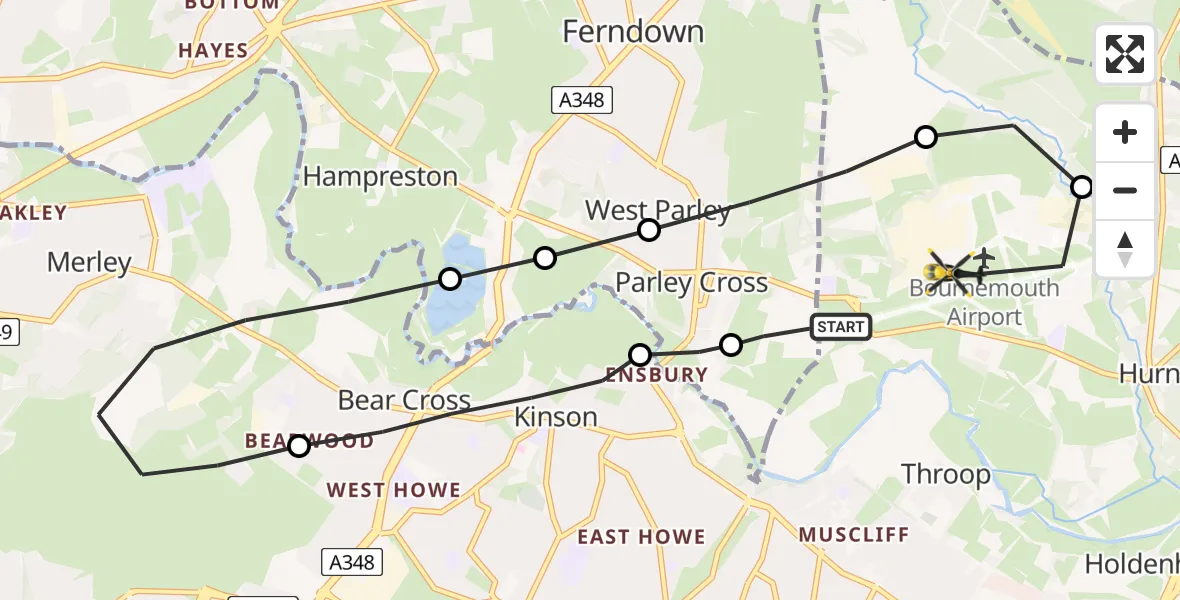 Flight route Police Helicopter Parley Cross - Bournemouth Airport, 10 June 2026, 20:08