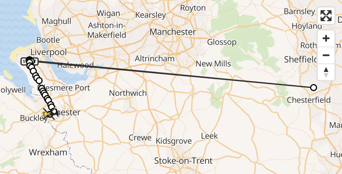 Flight route Police Helicopter Greasby - Saltney Ferry, 10 June 2026, 20:18
