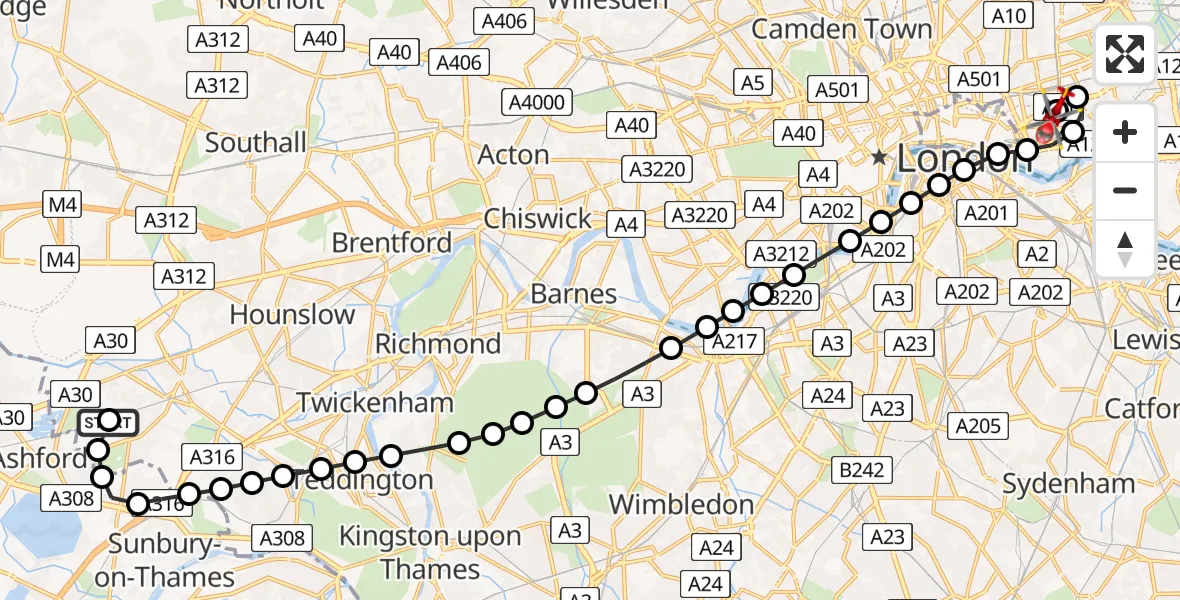 Flight route Air Ambulance Helicopter Bedfont - Royal London Hospital, 10 June 2026, 20:28