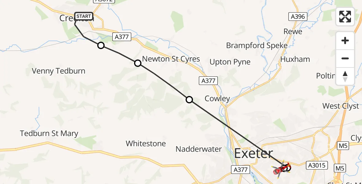 Flight route Air Ambulance Helicopter Crediton - Royal Devon & Exeter Hospital, 10 June 2026, 20:28