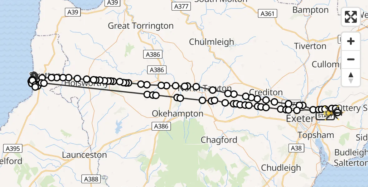 Flight route Police Helicopter Exeter International Airport - Rockbeare, 10 June 2026, 20:31