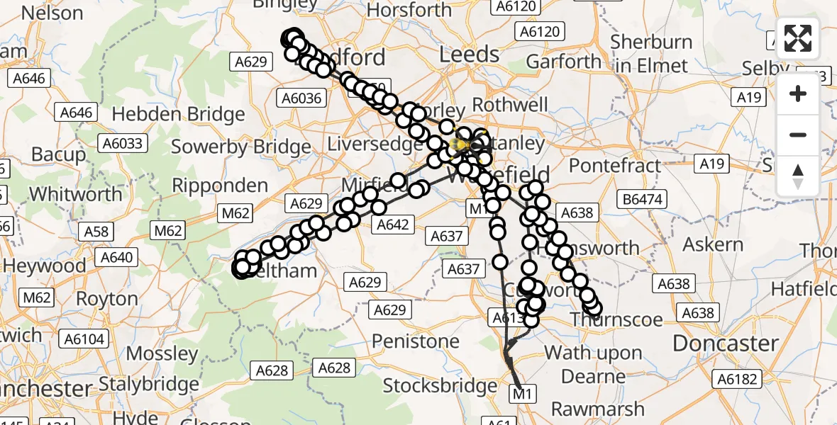 Flight route Police Helicopter Ossett - East Ardsley, 10 June 2026, 20:33