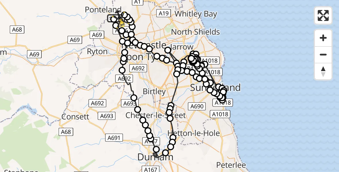 Flight route Police Helicopter Newcastle International Airport - Woolsington, 10 June 2026, 20:43
