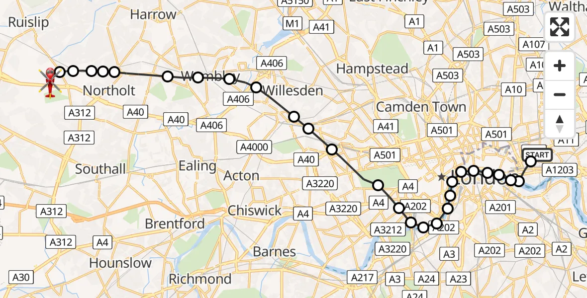 Flight route Air Ambulance Helicopter Royal London Hospital - RAF Northolt, 10 June 2026, 20:47