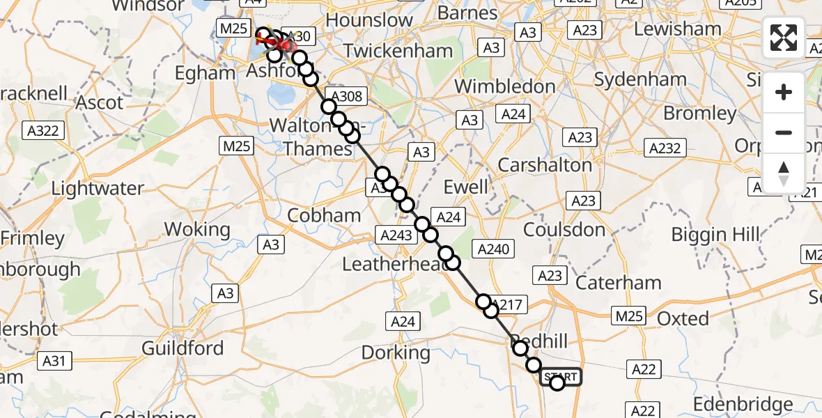Flight route Air Ambulance Helicopter Redhill Aerodrome - West Bedfont, 10 June 2026, 20:53
