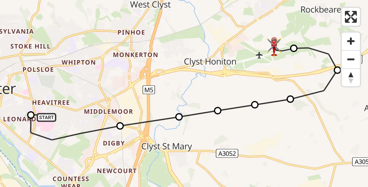 Flight route Air Ambulance Helicopter Royal Devon & Exeter Hospital - Exeter International Airport, 10 June 2026, 21:10