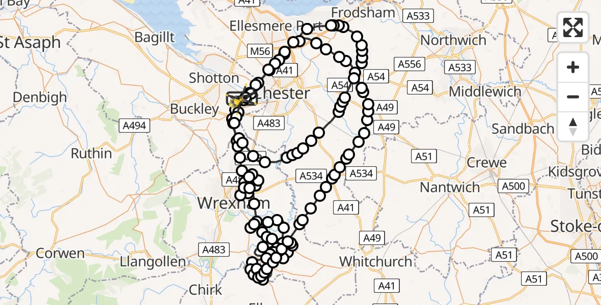Flight route Police Helicopter Hawarden Airport - Hawarden Airport, 10 June 2026, 21:16