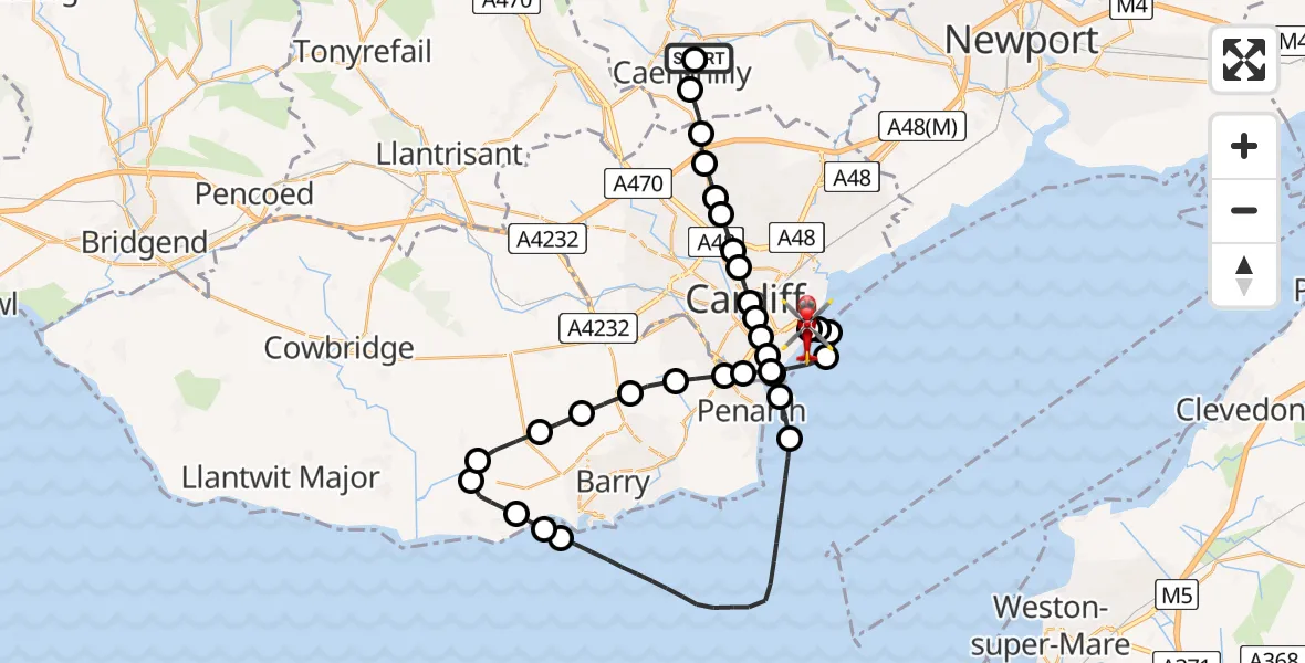 Flight route Air Ambulance Helicopter Caerphilly - Cardiff Heliport, 10 June 2026, 21:27