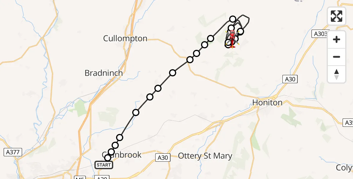 Flight route Air Ambulance Helicopter East Devon - Dunkeswell Airfield, 10 June 2026, 21:31