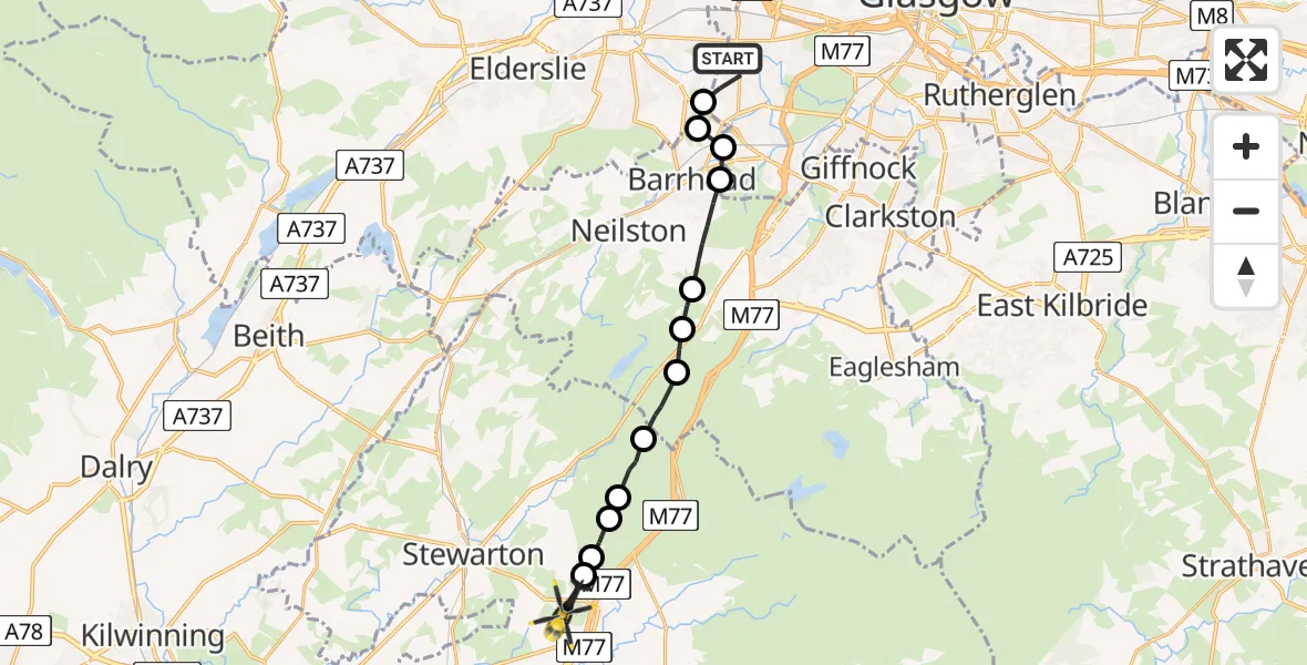 Flight route Police Helicopter Glasgow - Fenwick, 10 June 2026, 21:31