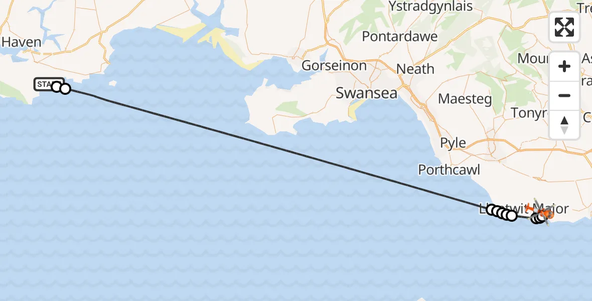 Flight route Coastguard Helicopter Freshwater East - MOD St Athan, 10 June 2026, 21:35