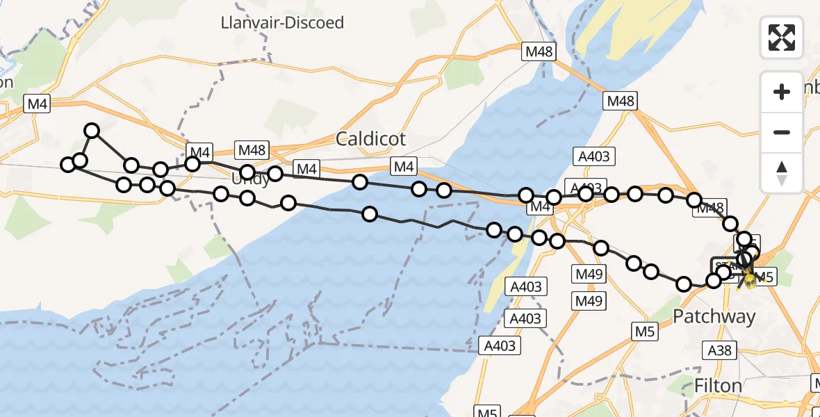 Flight route Police Helicopter Almondsbury Helicopter Base - Almondsbury Helicopter Base, 10 June 2026, 21:46