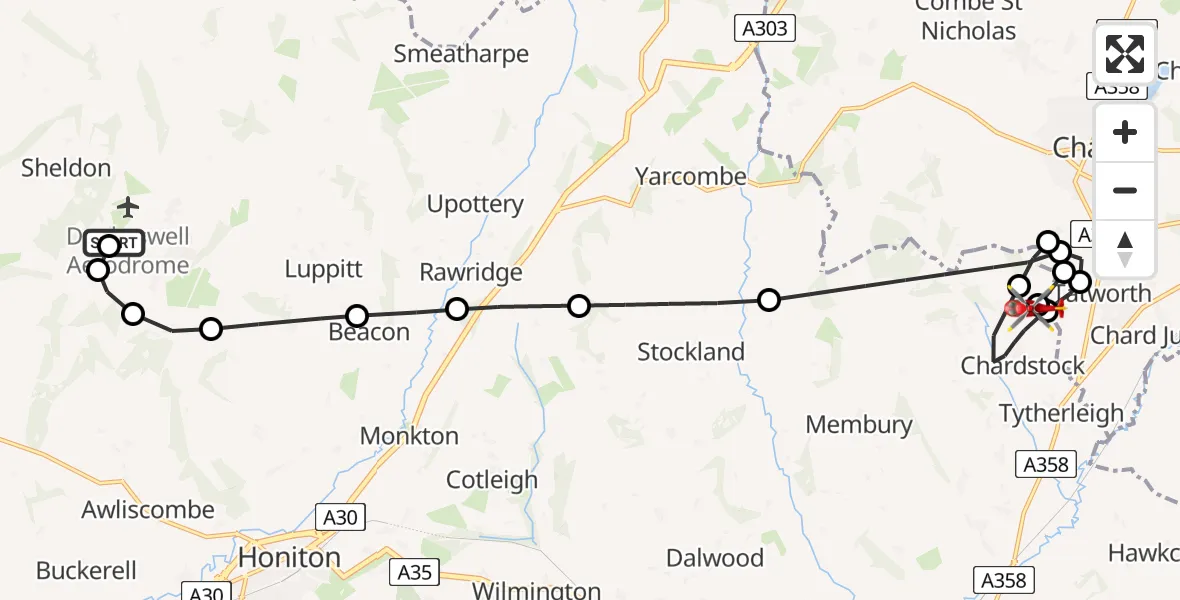 Flight route Air Ambulance Helicopter Dunkeswell Airfield - East Devon, 10 June 2026, 21:54