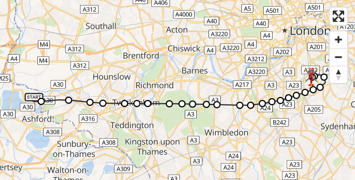 Flight route Air Ambulance Helicopter West Bedfont - Kings College London Hospital, 10 June 2026, 22:07
