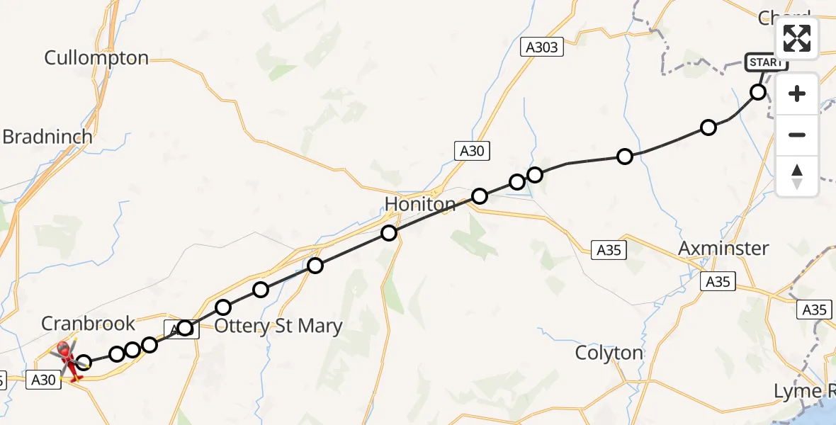 Flight route Air Ambulance Helicopter Chard - Exeter International Airport, 10 June 2026, 22:10