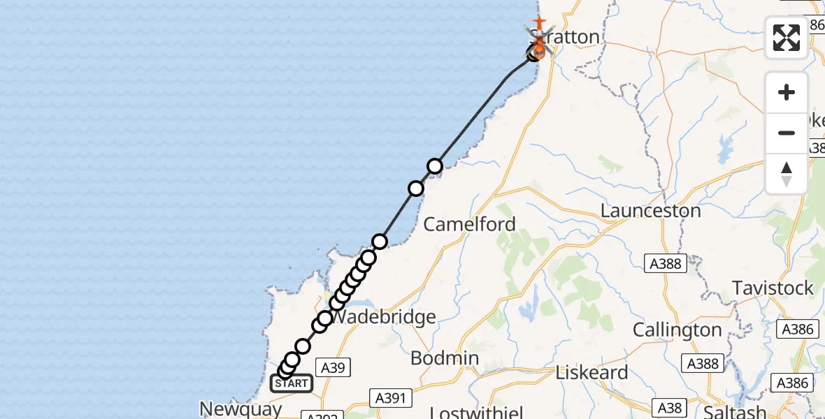 Flight route Coastguard Helicopter Cornwall Airport Newquay - Bude, 10 June 2026, 22:16