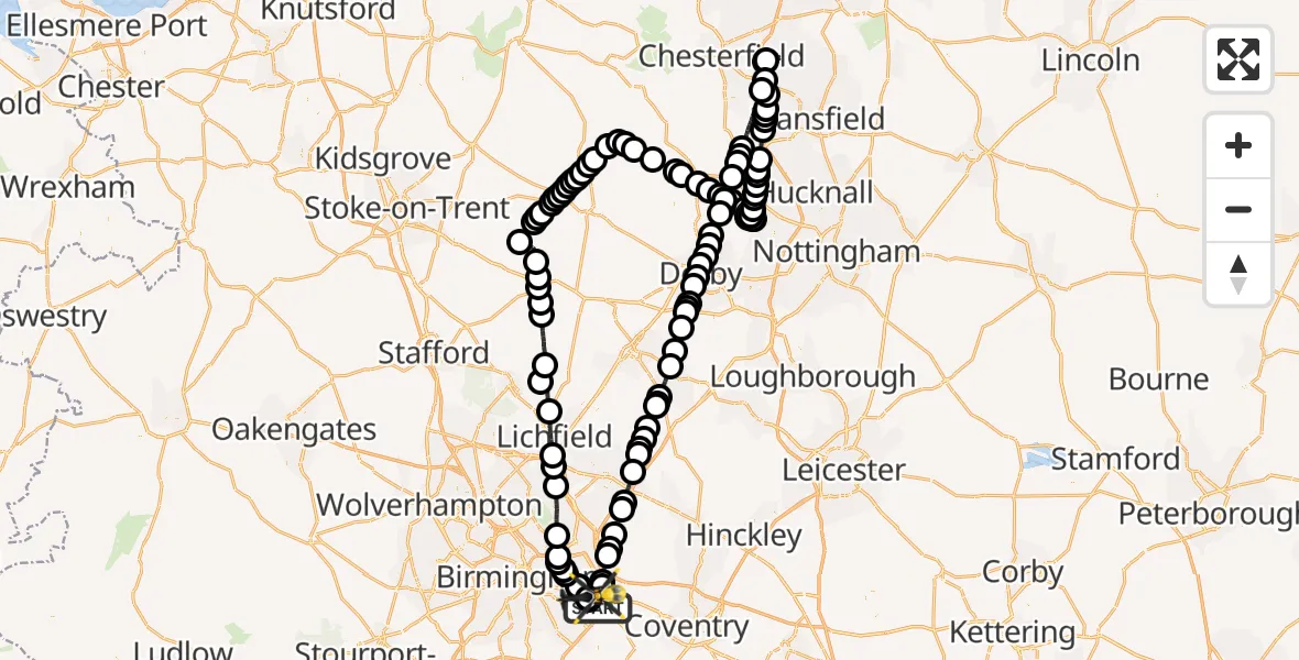 Flight route Police Helicopter Solihull - Birmingham Airport, 10 June 2026, 22:20