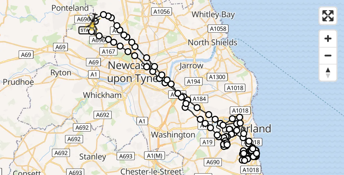 Flight route Police Helicopter Callerton - Newcastle International Airport, 10 June 2026, 22:22