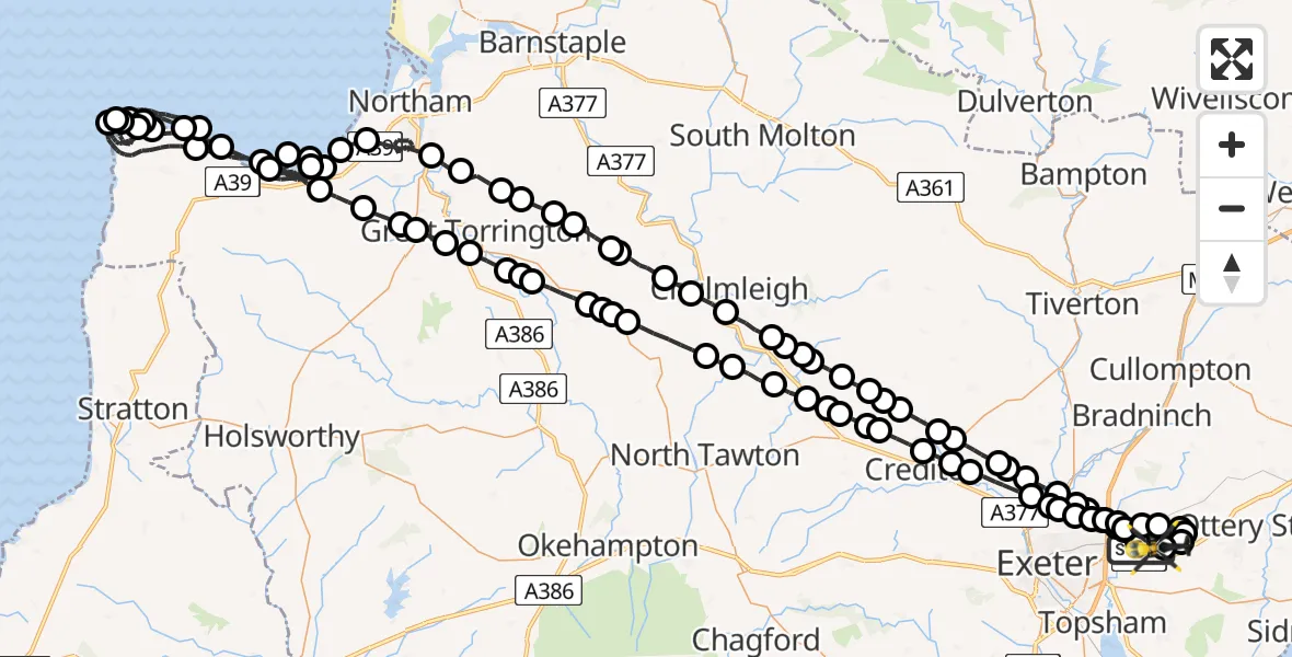 Flight route Police Helicopter Exeter International Airport - Exeter International Airport, 10 June 2026, 22:28