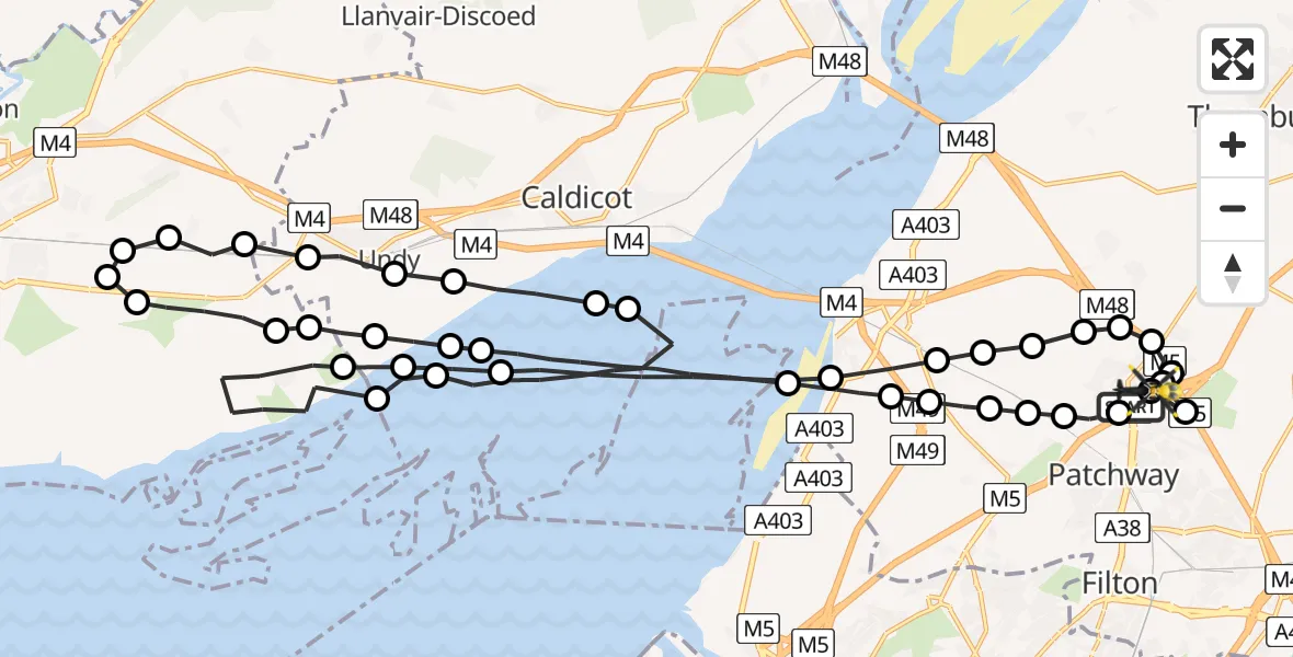 Flight route Police Helicopter Almondsbury - Almondsbury Helicopter Base, 10 June 2026, 22:31