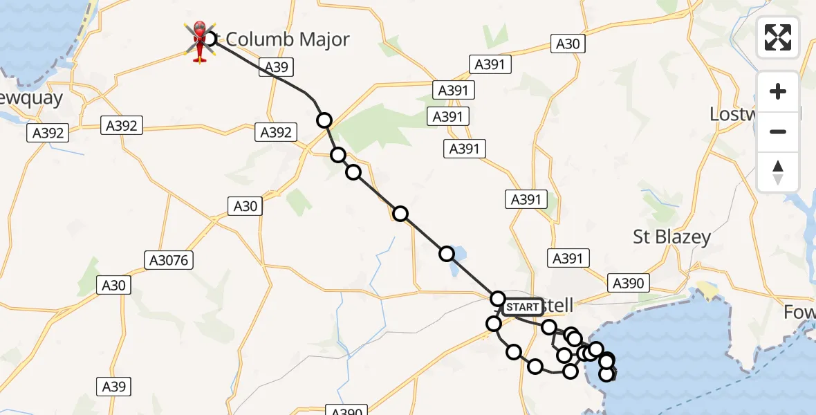 Flight route Air Ambulance Helicopter St. Austell - Cornwall Airport Newquay, 10 June 2026, 22:32