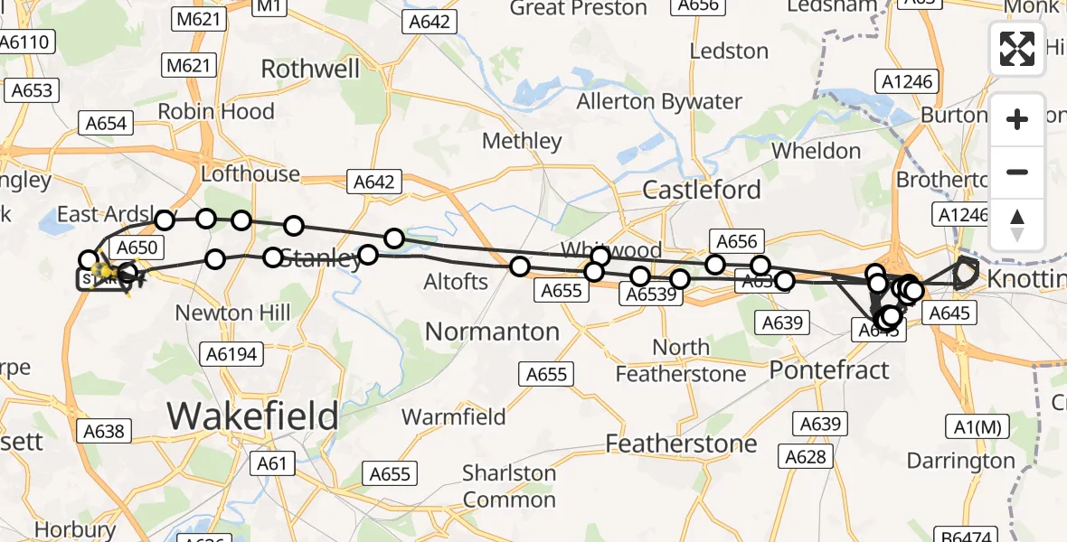 Flight route Police Helicopter East Ardsley - East Ardsley, 10 June 2026, 22:54