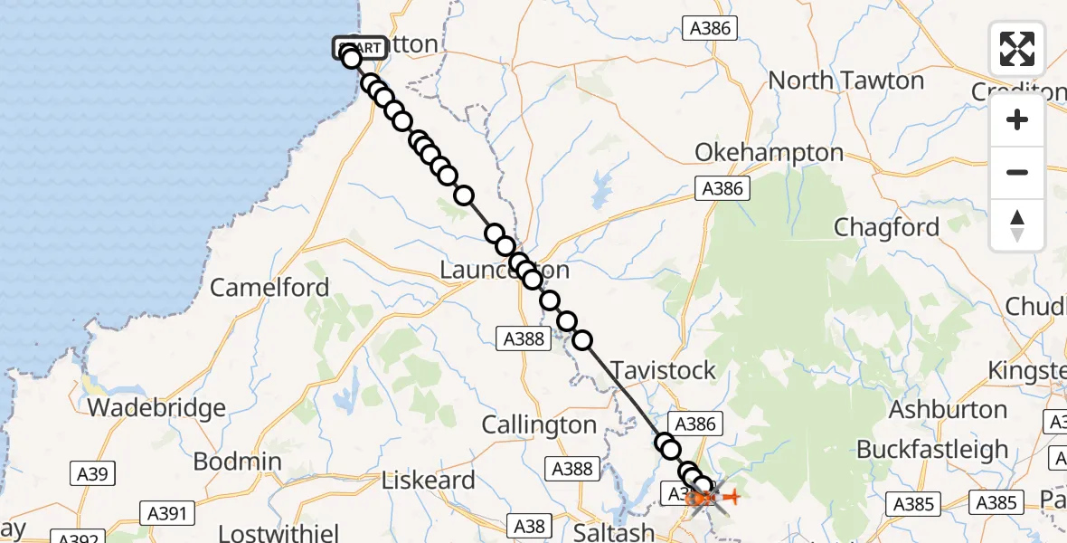 Flight route Coastguard Helicopter Bude - Bickleigh, 10 June 2026, 23:00