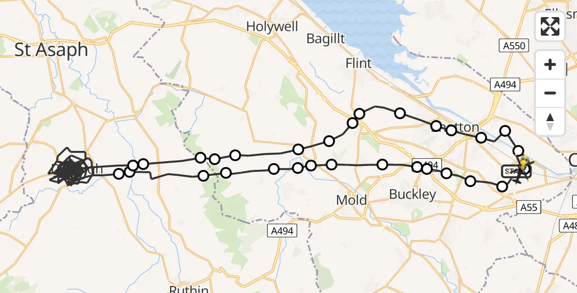 Flight route Police Helicopter Hawarden Airport - Hawarden Airport, 10 June 2026, 23:08