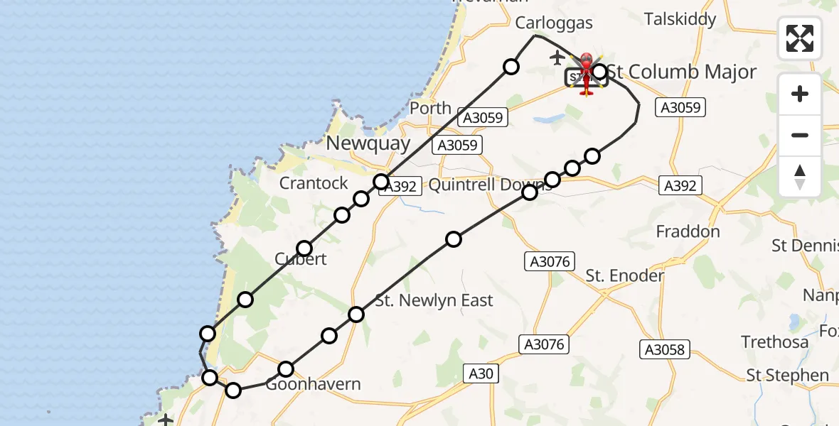 Flight route Air Ambulance Helicopter Cornwall Airport Newquay - Cornwall Airport Newquay, 10 June 2026, 23:09