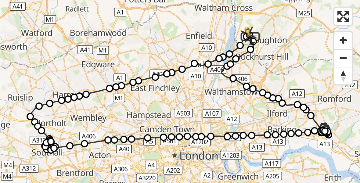 Flight route Police Helicopter Metropolitan Police Air Support Unit Lippitts Hill - Sewardstonebury, 10 June 2026, 23:58