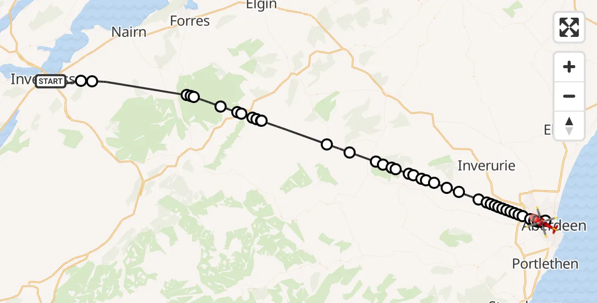 Flight route Air Ambulance Helicopter Inverness - Aberdeen Royal Infirmary Helistrip, 11 June 2026, 00:04