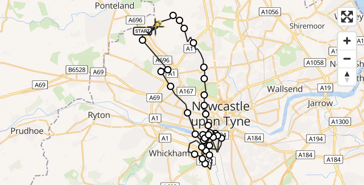 Flight route Police Helicopter Newcastle International Airport - Newcastle International Airport, 11 June 2026, 00:36