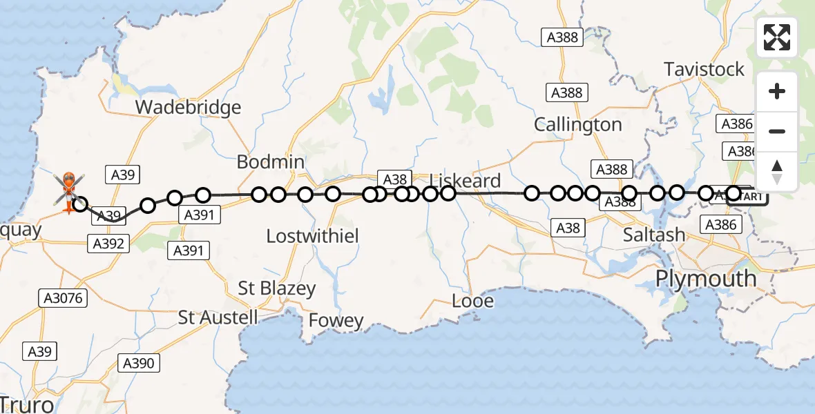 Flight route Coastguard Helicopter Bickleigh - Cornwall Airport Newquay, 11 June 2026, 00:38