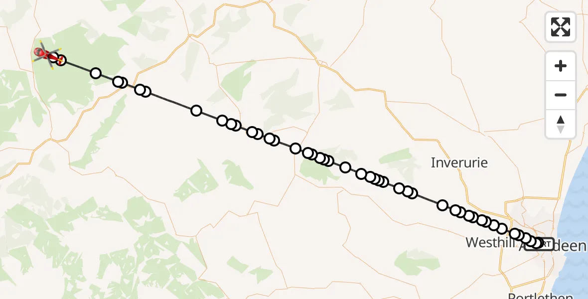 Flight route Air Ambulance Helicopter Aberdeen Royal Infirmary Helistrip - Bogeney, 11 June 2026, 00:50
