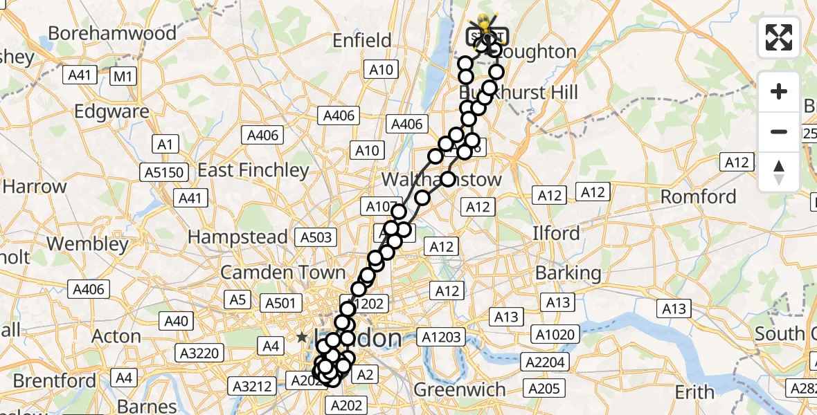 Flight route Police Helicopter Metropolitan Police Air Support Unit Lippitts Hill - Metropolitan Police Air Support Unit Lippitts Hill, 11 June 2026, 01:48