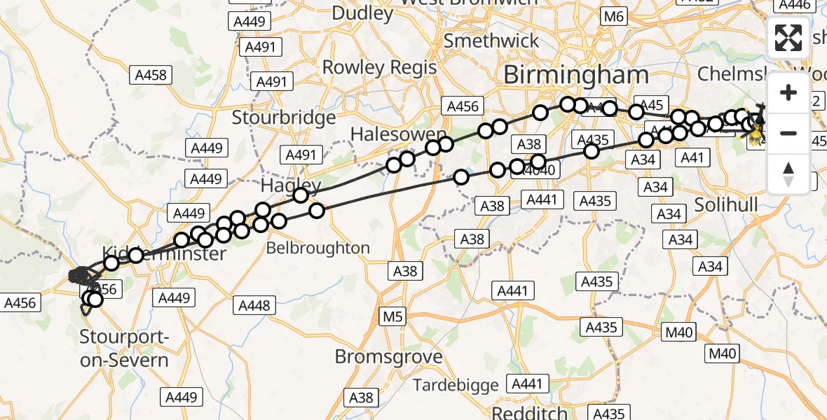 Flight route Police Helicopter Sheldon - Birmingham Airport, 11 June 2026, 03:44