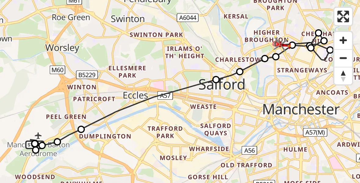 Flight route Air Ambulance Helicopter Manchester Barton Aerodrome - Lower Broughton, 11 June 2026, 06:29