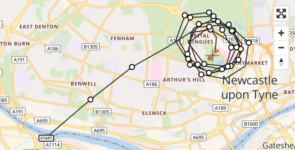 Flight route Coastguard Helicopter Gateshead - Grainger Town, 11 June 2026, 06:45