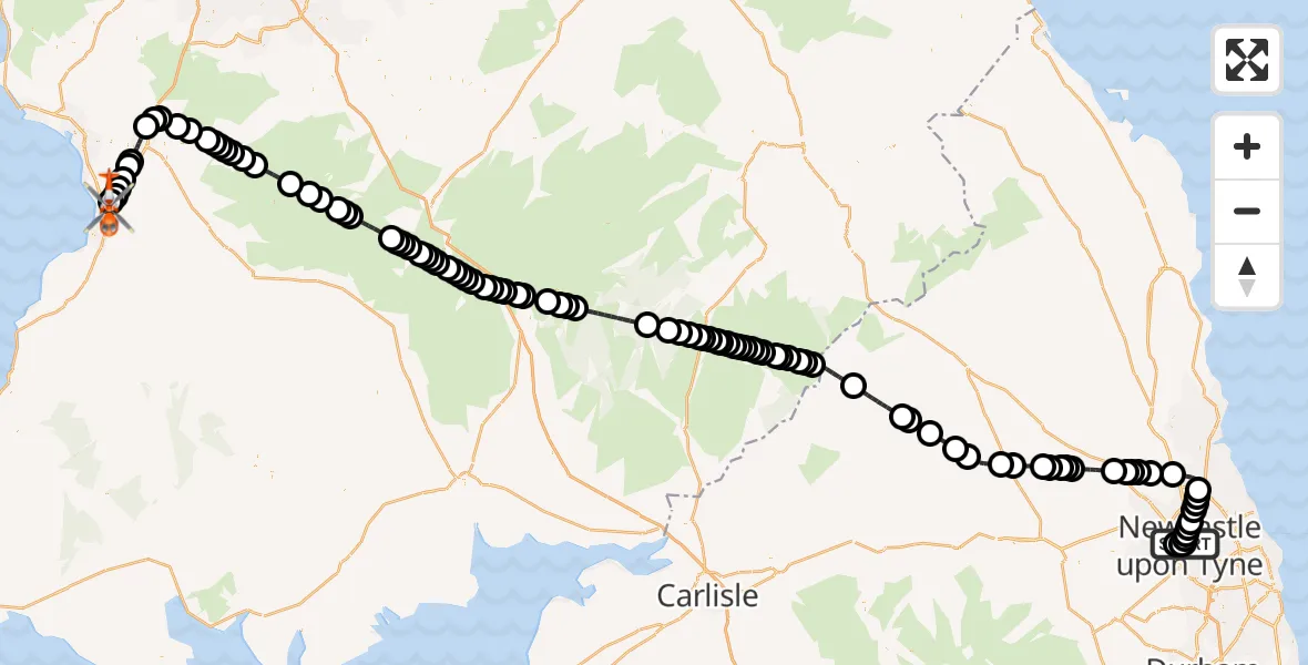 Flight route Coastguard Helicopter Newcastle Royal Victoria Infirmary - Glasgow Prestwick Airport, 11 June 2026, 07:09
