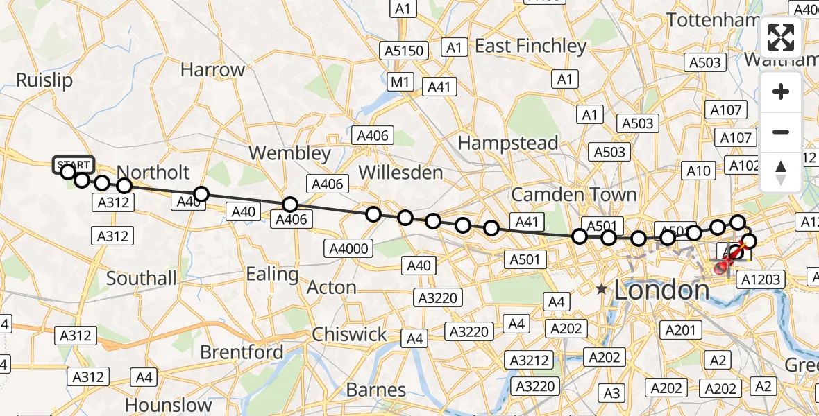 Flight route Air Ambulance Helicopter RAF Northolt - Royal London Hospital, 11 June 2026, 07:10