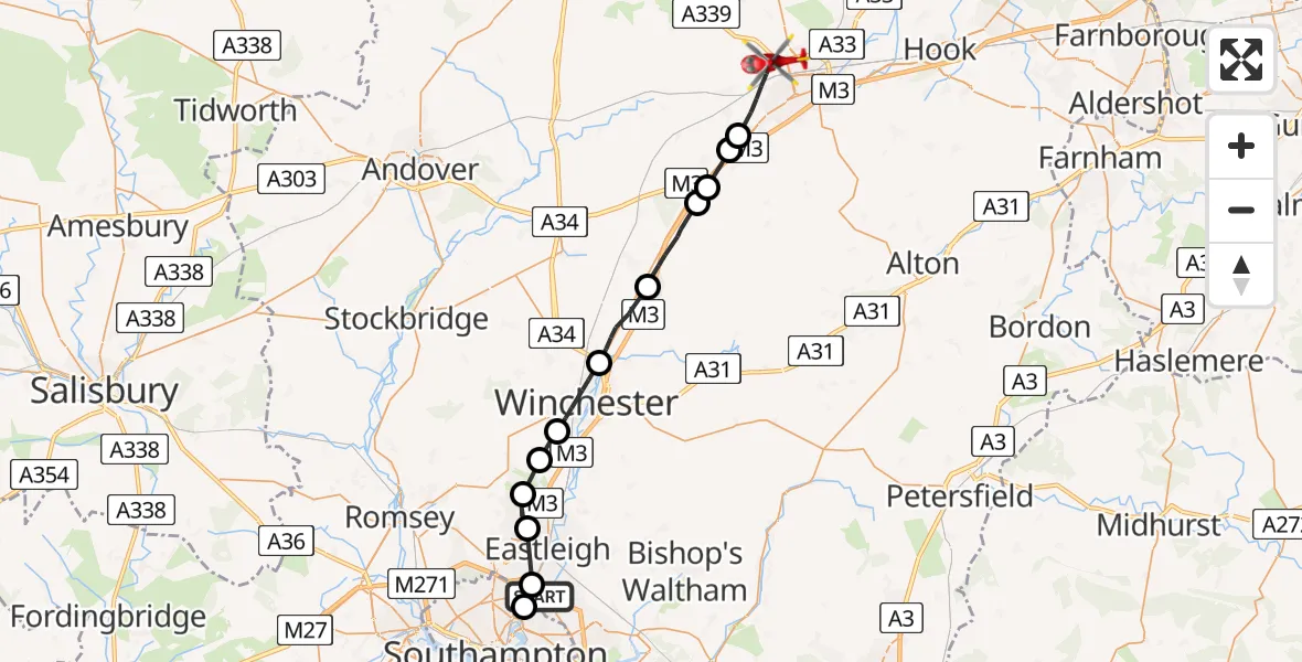 Flight route Air Ambulance Helicopter Southampton Airport - Basingstoke, 11 June 2026, 07:42