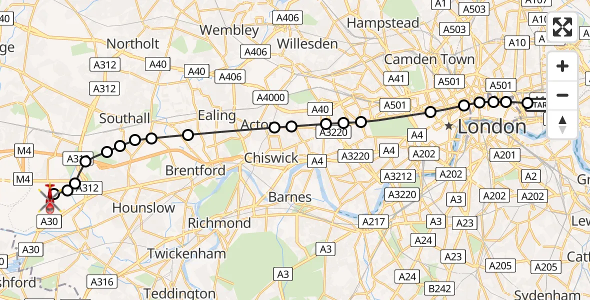 Flight route Air Ambulance Helicopter Royal London Hospital - London Heathrow Airport, 11 June 2026, 07:51