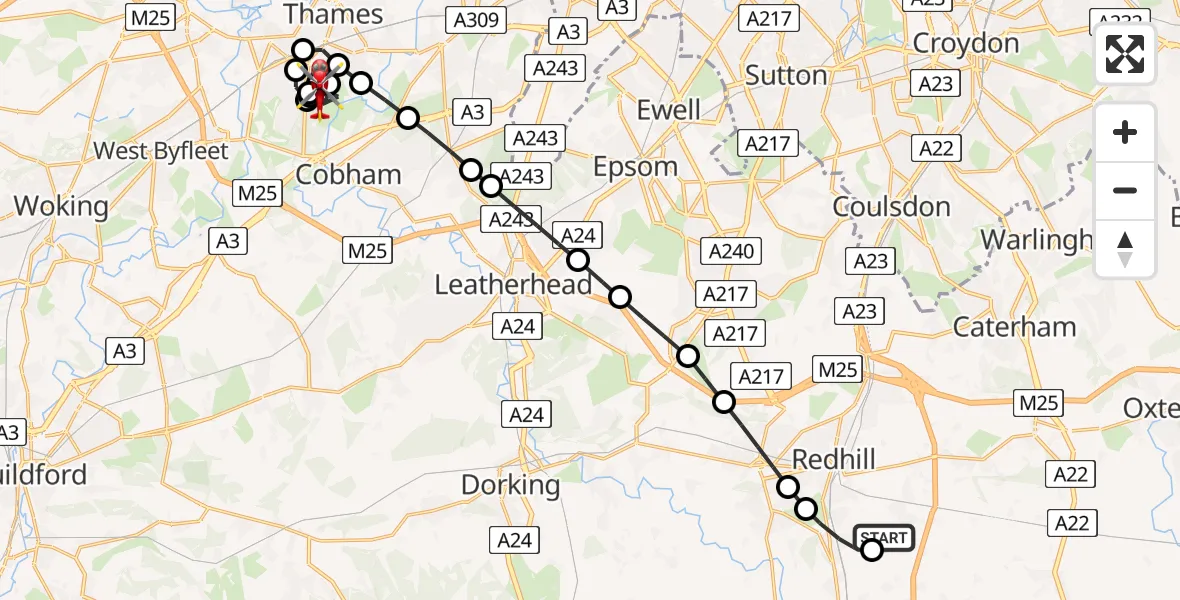Flight route Air Ambulance Helicopter Redhill Aerodrome - Walton-on-Thames, 11 June 2026, 08:18