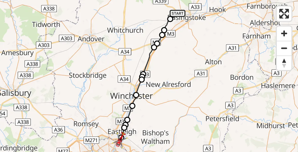 Flight route Air Ambulance Helicopter Basingstoke - Southampton Airport, 11 June 2026, 08:25