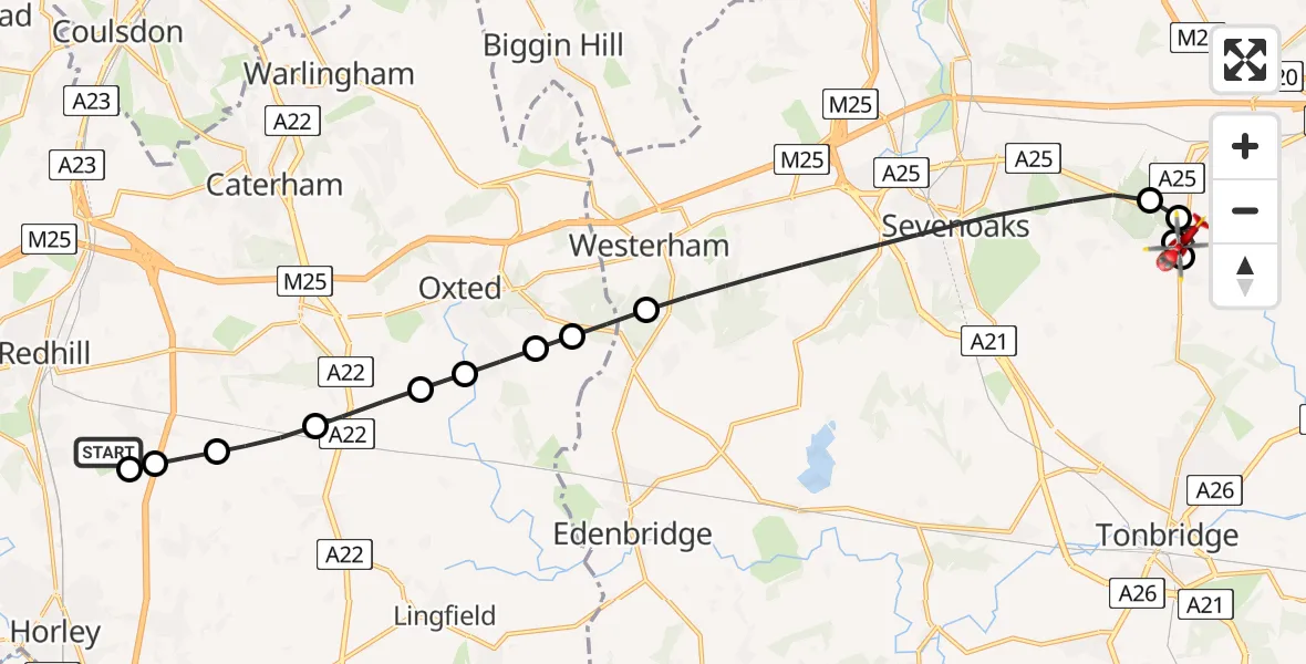 Flight route Air Ambulance Helicopter Redhill Aerodrome - Plaxtol, 11 June 2026, 08:40
