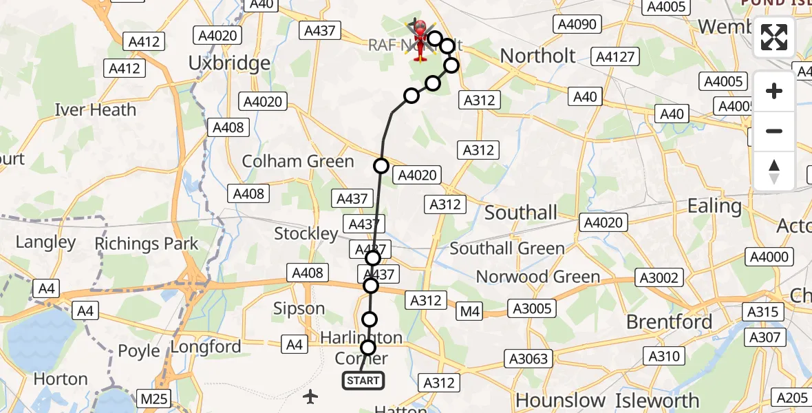 Flight route Air Ambulance Helicopter London Heathrow Airport - RAF Northolt, 11 June 2026, 08:59