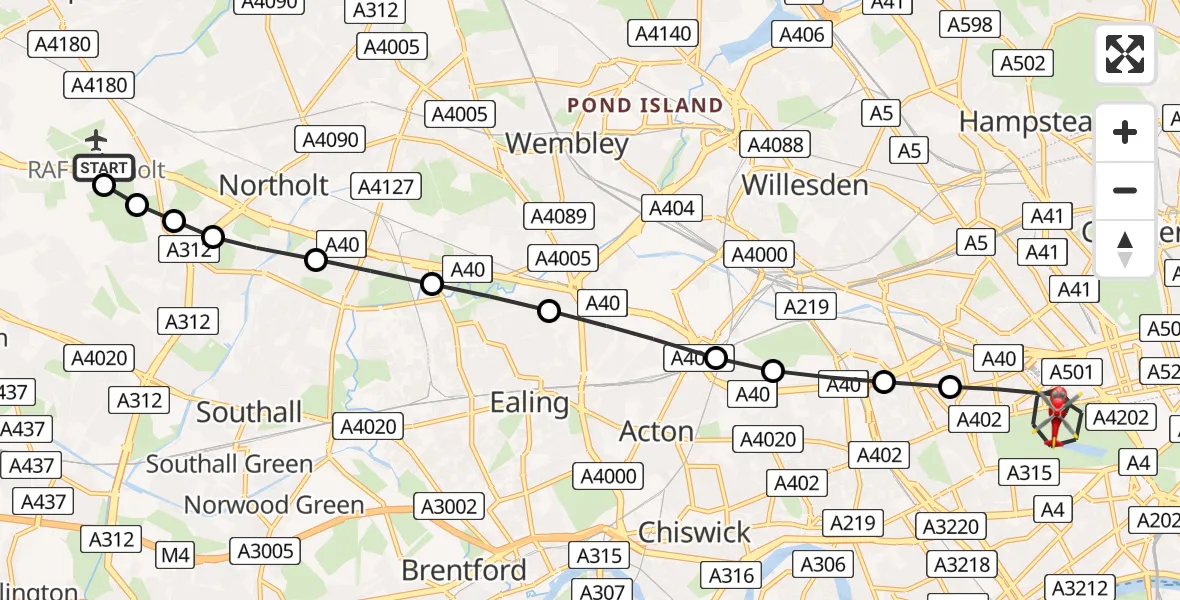 Flight route Air Ambulance Helicopter RAF Northolt - City of Westminster, 11 June 2026, 09:25