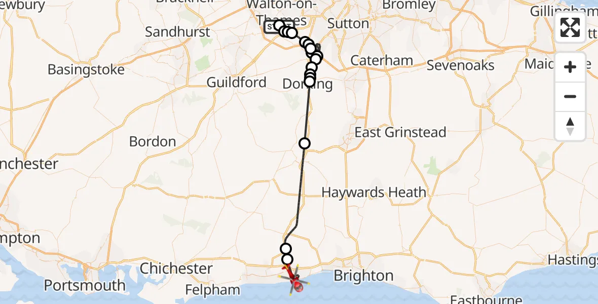 Flight route Air Ambulance Helicopter Whiteley Village - Worthing, 11 June 2026, 09:31